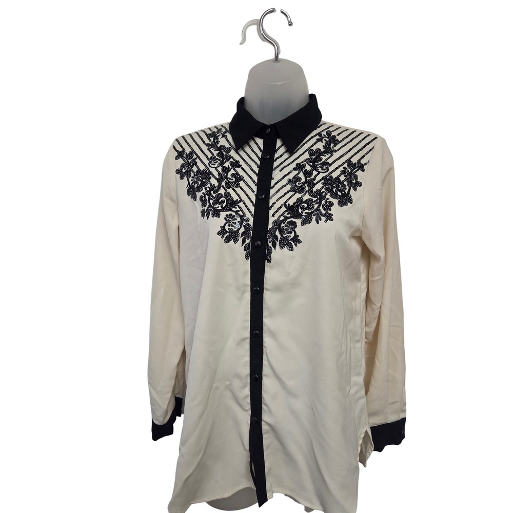 Bob Mackie Wearable Art Cream Black Sequin Embroidered Button Down Tunic XXS